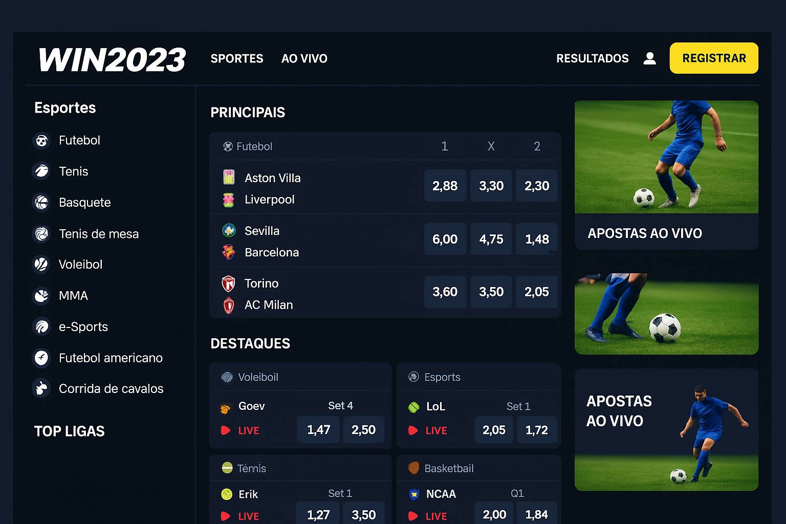 Aposte em apostas esportivas no cassino online WIN2023